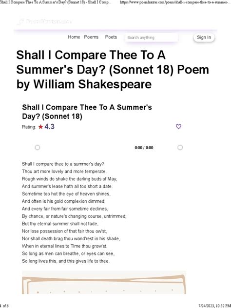 Shall I Compare Thee To A Summer S Day Sonnet 18 Shall I Compare Thee To A Summer S Day