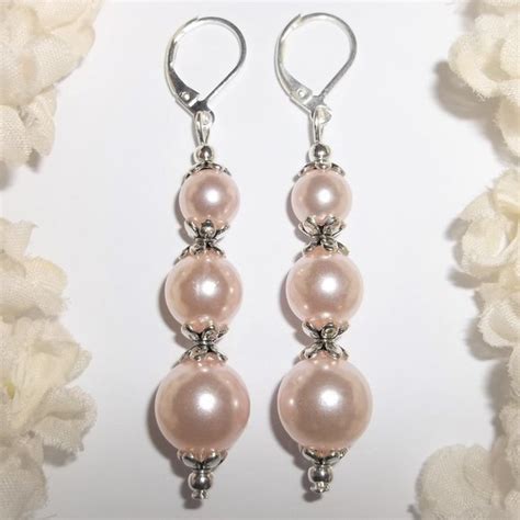 Wvluckygirl Jewelry Pearl Earrings Light Pink Blush Silver Beaded