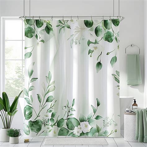 Green And White Floral Shower Curtain NatureInspired Design Elegant