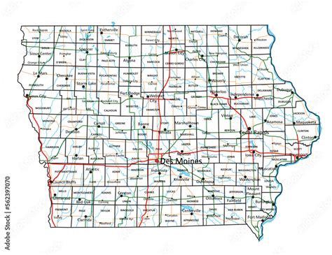 Iowa road and highway map. Vector illustration. Stock Vector | Adobe Stock