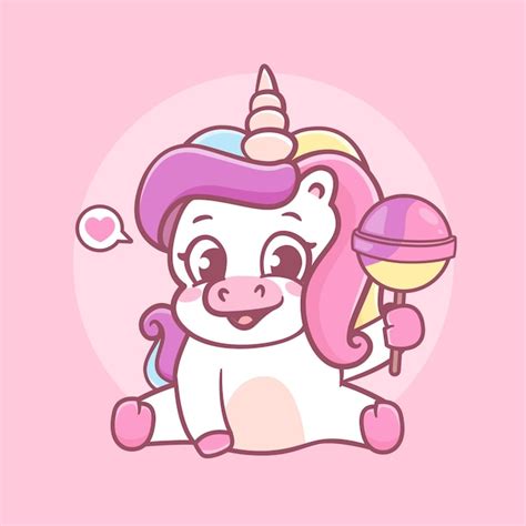 Lindo Bebé Unicornio Con Piruleta Caramelo Dibujos Animados Icono Ilustración Vector Premium