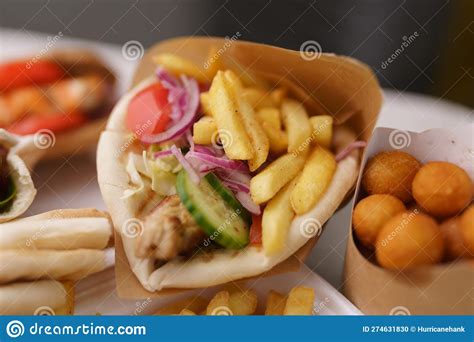 Delicious Greek Gyros Sandwich With Fries And Pork Served For Take Away