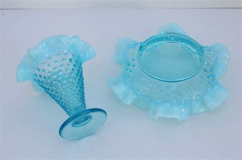 Vintage Fenton Blue Opalescent Hobnail Glass Crimped Vase Bowl Like A