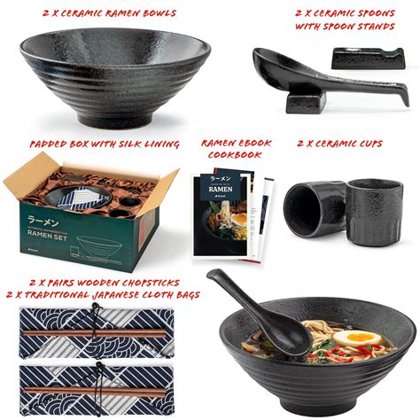 Arjust Ramen Gift Set Piece Black Handmade Ceramic Bowls Etsy Canada