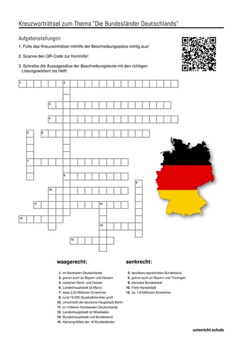 Arbeitsblatt mit Kreuzworträtsel zum Thema Bundesländer