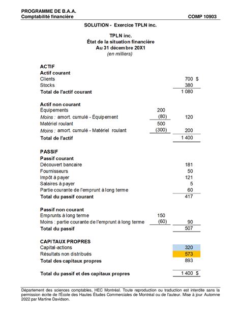 Tpln Solution Exercice Sur Les Tats Financiers Programme De