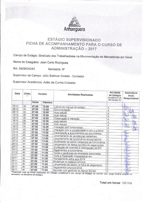 Ficha De Acompanhamento De Est Gio Unopar Ictedu