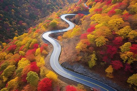 가을 산속의 구불구불한 도로의 조감도 가을 교통 국내여행 배경 일러스트 및 사진 무료 다운로드 Pngtree