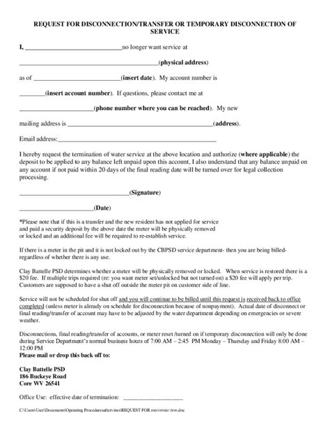 Fillable Online REQUEST FOR DISCONNECTION TRANSFER OR TEMPORARY