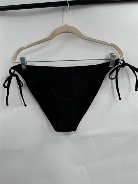 J Crew String Bikini Women Xl Black New Ribbed Curved Waist Cheeky