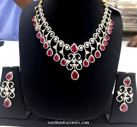 Fancy American Diamond Ruby Necklace South India Jewels