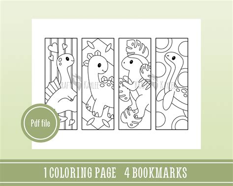 Cute Dinosaur Coloring Bookmarks Set Of 4 Coloring Pages Etsy