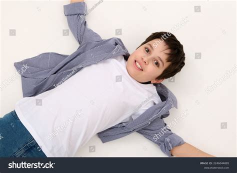 View Above Caucasian Adorable Teen Boy Stock Photo