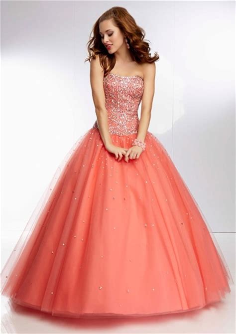 Princess Ball Gown Strapless Long Coral Tulle Beaded Prom Dress Corset Back