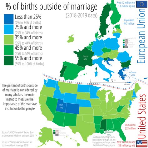 Percent Of Births Outside Of Marriage Across The Us And The Eu 2018 2019 Data [oc] Mapporn