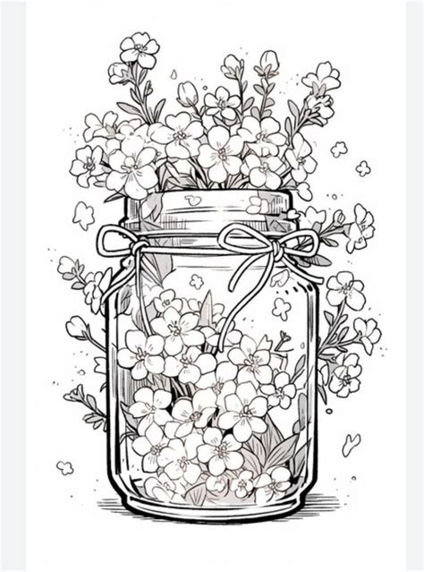 A Jar Filled With Lots Of Flowers Sitting On Top Of A Table