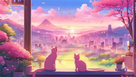 Aesthetic pink landscape w/ cat desktop wallpaper by airashiiiineko on ...