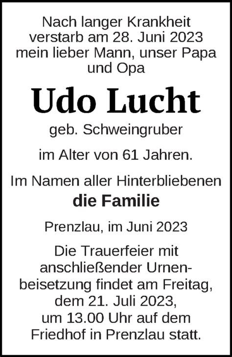 Traueranzeigen Von Udo Lucht Trauer Nordkurier