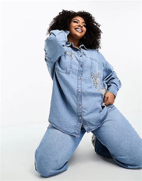 River Island Plus Embellished Denim Shirt In Blue Asos