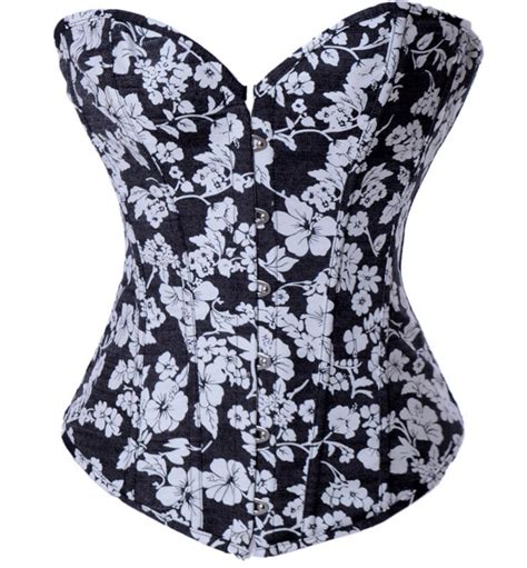 Denim And White Floral Print Boned Corset Black Corsets And Bustiers Corsets Bustiers