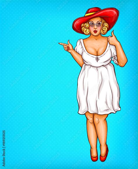 Vector Fat Obese Blonde Pin Up Woman In Pretty Hat Pop Art Plus Size