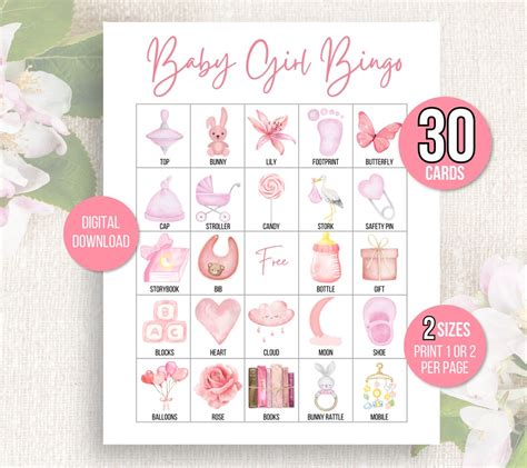 Baby Girl Bingo 30 Baby Shower Bingo Cards Baby Girl Shower Printable