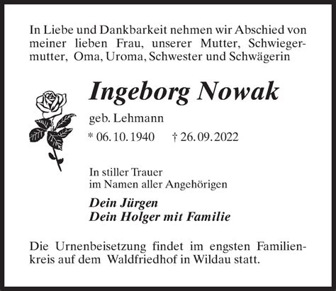 Traueranzeigen Von Ingeborg Nowak Trauer Anzeigen De