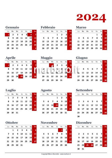 Calendario 2024 da stampare con le festività italiane