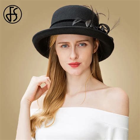 Fs Classic Black Womens Wide Brim Fedora Chapeu Church Hats Felt Winter