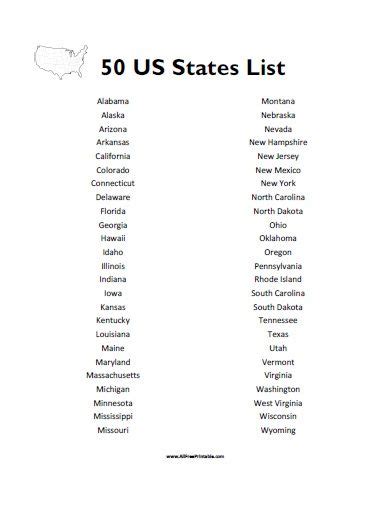 List Of The 50 States Printable