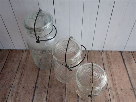 Vintage Clear Glass Ball Ideal Jar With Lid And Bail Set Of 3 Quart Pint And Third Pint Sized