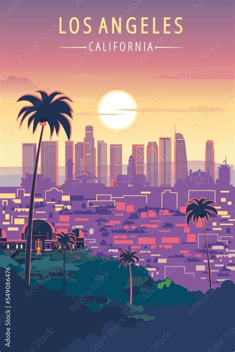 Los Angeles City Skyline Sunset Vector Illustration California United
