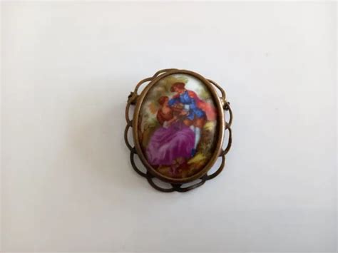 Broche Ancienne Laiton Et Porcelaine De Limoges Ref Eur