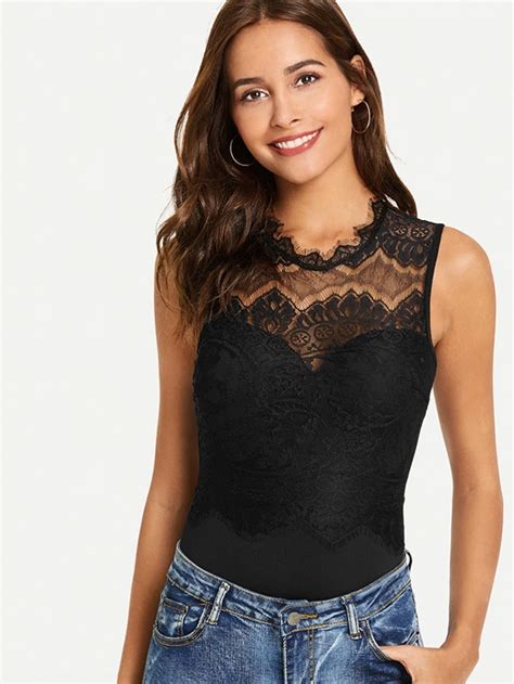 Луксозно дамско боди с дантела Contrast Lace Solid Bodysuit EMMA