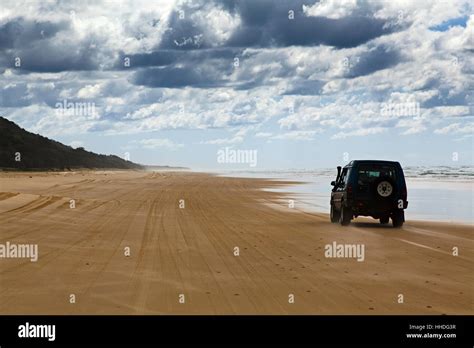 Main Transportation Highway On Fraser Island Wide Wet Sand Beach