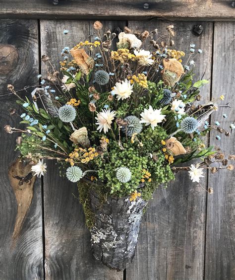 Dried Flower Floral Woodland Arrangement In Handcrafted Bark Moss Vine