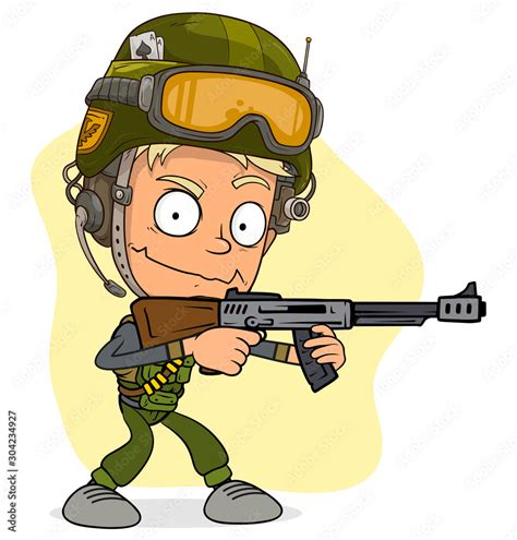 Cartoon cute funny army soldier with rifle in protective helmet ...