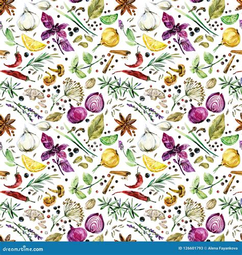 Herbs And Spices Seamless Pattern Watercolor Botanical Illustration