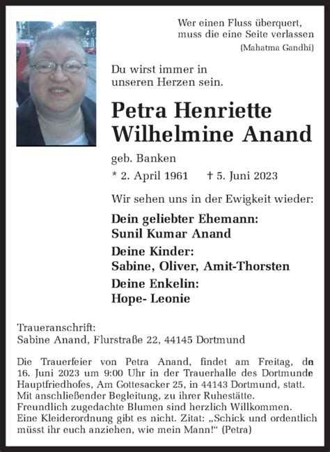 Traueranzeigen Von Petra Henriette Wilhelmine Anand Sich Erinnern De