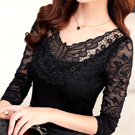 2017 Spring Summer Fashion Women Elegant Black Lace Blouse Shirt Long