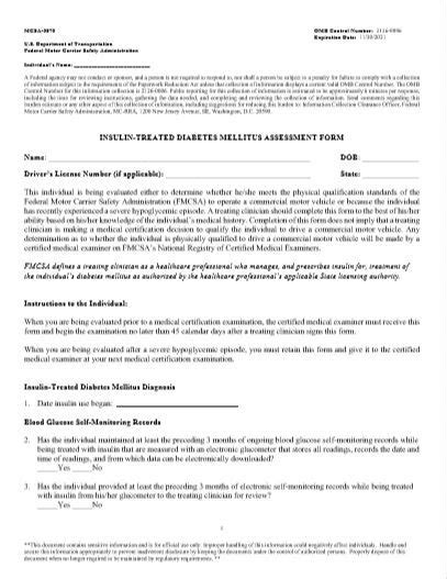 Dot Insulin Treated Diabetes Mellitus Assessment Forms Form Mcsa