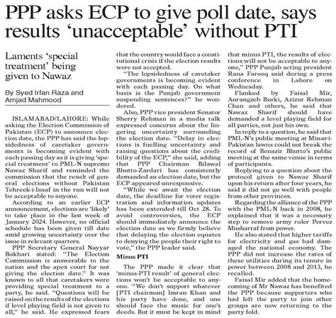 Dawn EPaper Oct 26 2023 PPP Asks ECP To Give Poll Date Says