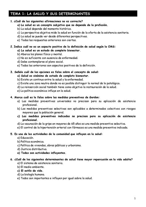 Examen Preguntas Y Respuestas Tema La Salud Y Sus