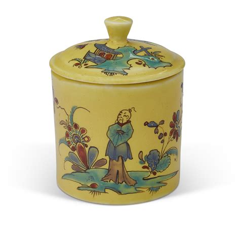 saint cloud porcelain yellow ground pomade pot  cover circa