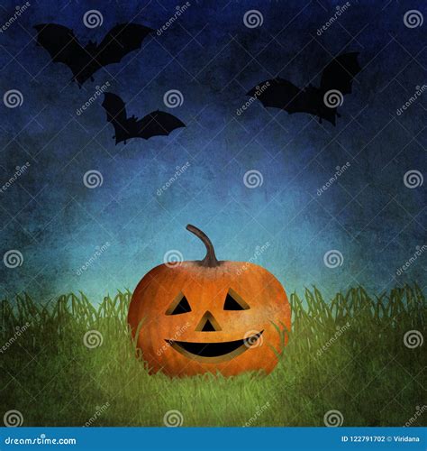 Jack O Lantern Among Grass With Bats Flying In The Sky Above Him Stock