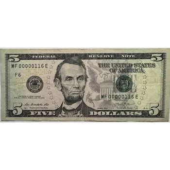 2013 Series U.S. $5 Dollar Federal Reserve Note - "LOW SERIAL NUMBER ...