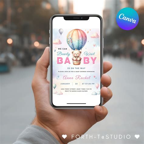 Editable Teddy Bear Hot Air Balloon Baby Shower Invitation Template Printable We Can Bearly Wait