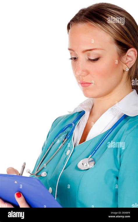 Female Doctor Holding A Clipboard Isolated Over White Background Stock