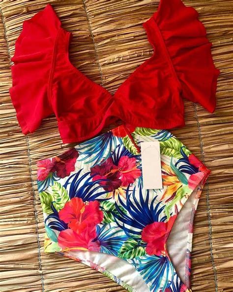 Floral Ruffled Hem Bikini Set Women Flora V Neck High Waisted Two Piece