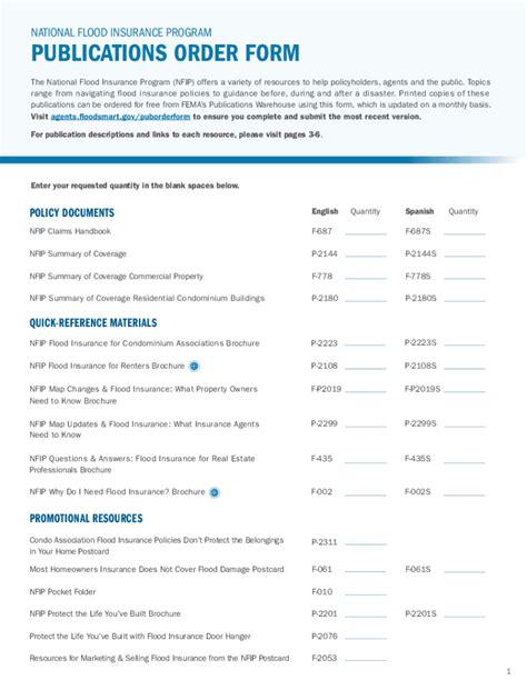 Fillable Online Agents Floodsmart Fema Nfip Publications Order Form